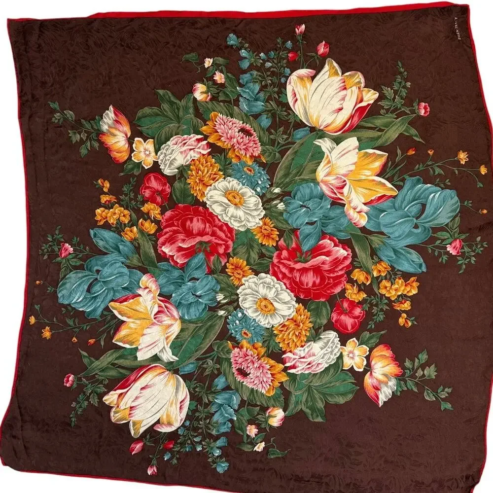 Ellen Tracy Floral Silk Blend Square Scarf Brown Red Tulip Garden Wrap